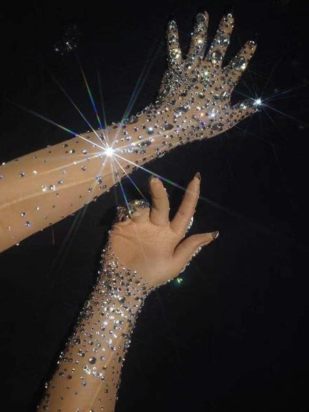 Luxe Crystal Embellished Nude Silver Sparkle Mesh Gloves